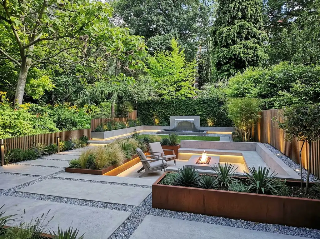 3D render of a contemporary backyard patio with seating and a fire feature.